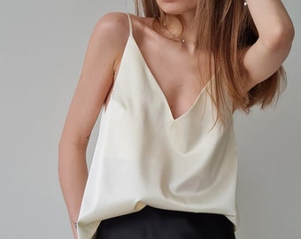 Deep V neck camisole top, Ivory cami top, Bias cut v tank top with spaghetti strap, Deep v tank top, Low cut women’s top, Silky tank cami