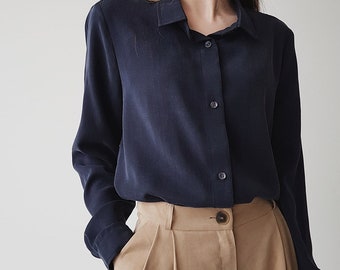 Womens long sleeved button down shirt, Loose lightweight oversized tencel shirt, Dark blue button up shirt