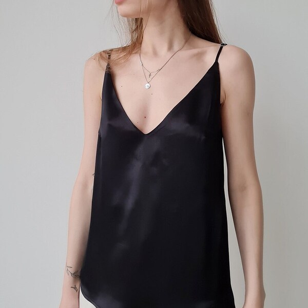 Black deep v neck tank top, Bias cut top, Black camisole top, Spaghetti strap tank, Low v-neck tank, Long black cami, Low cut top, Long tank