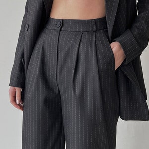 Palazzo pants and blazer, Black high waist wide leg pants, Womens trouser and jacket, Striped women suit image 2