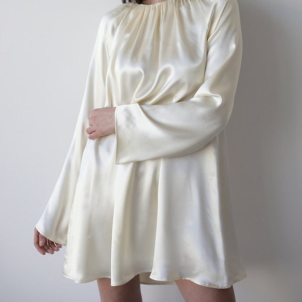 Pleated white mini summer dress, Long sleeve white dress, Ivory tent dress, White cocktail dress, A-line swing dress, Short dress