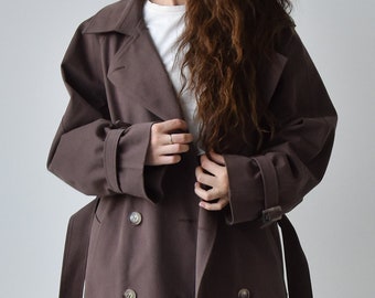 Trench-coat taupe pour femmes, trench-coat surdimensionné à double poitrine pour femmes, manteau long en coton classique pour l’automne et le printemps