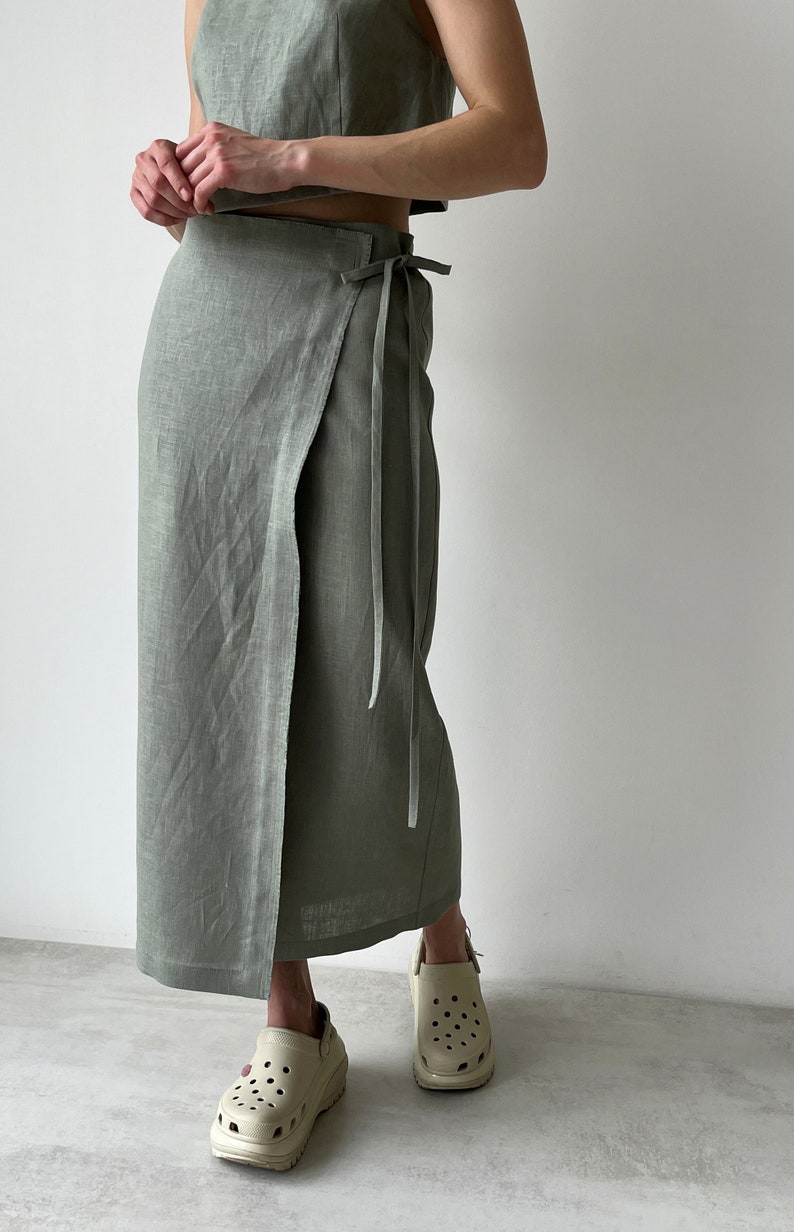 Linen wrap skirt for women, Green linen skirt with slit, High rise pencil skirt, Wrapped skirt, Long straight skirt, Midi belted skirt image 2