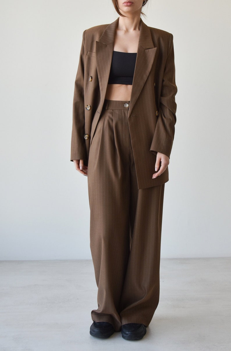 Palazzo pants and blazer, Brown high waist wide leg pants, Womens trouser and jacket, Striped women suit image 1