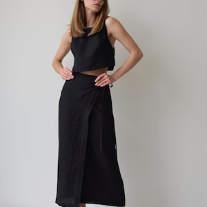 Linen Wrap Skirt with Slit, Black Linen Skirt, Maxi Wrap Skirt for Women, Maxi Wrap Skirt, Boho Skirt, High Waist Adjustable Tie image 6