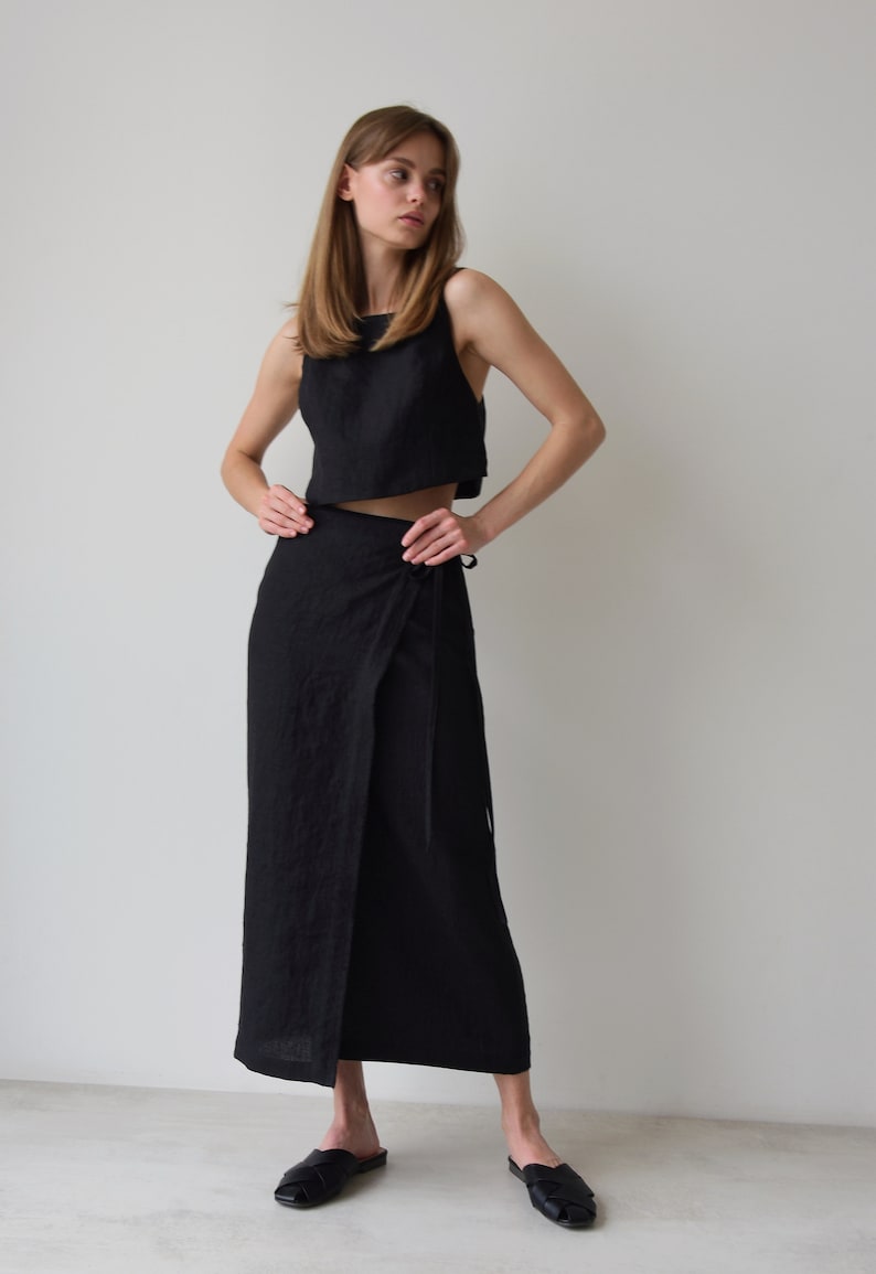 Linen Wrap Skirt with Slit, Black Linen Skirt, Maxi Wrap Skirt for Women, Maxi Wrap Skirt, Boho Skirt, High Waist Adjustable Tie image 6