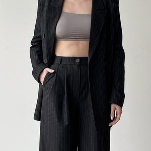 Palazzo pants and blazer, Black high waist wide leg pants, Womens trouser and jacket, Striped women suit image 3