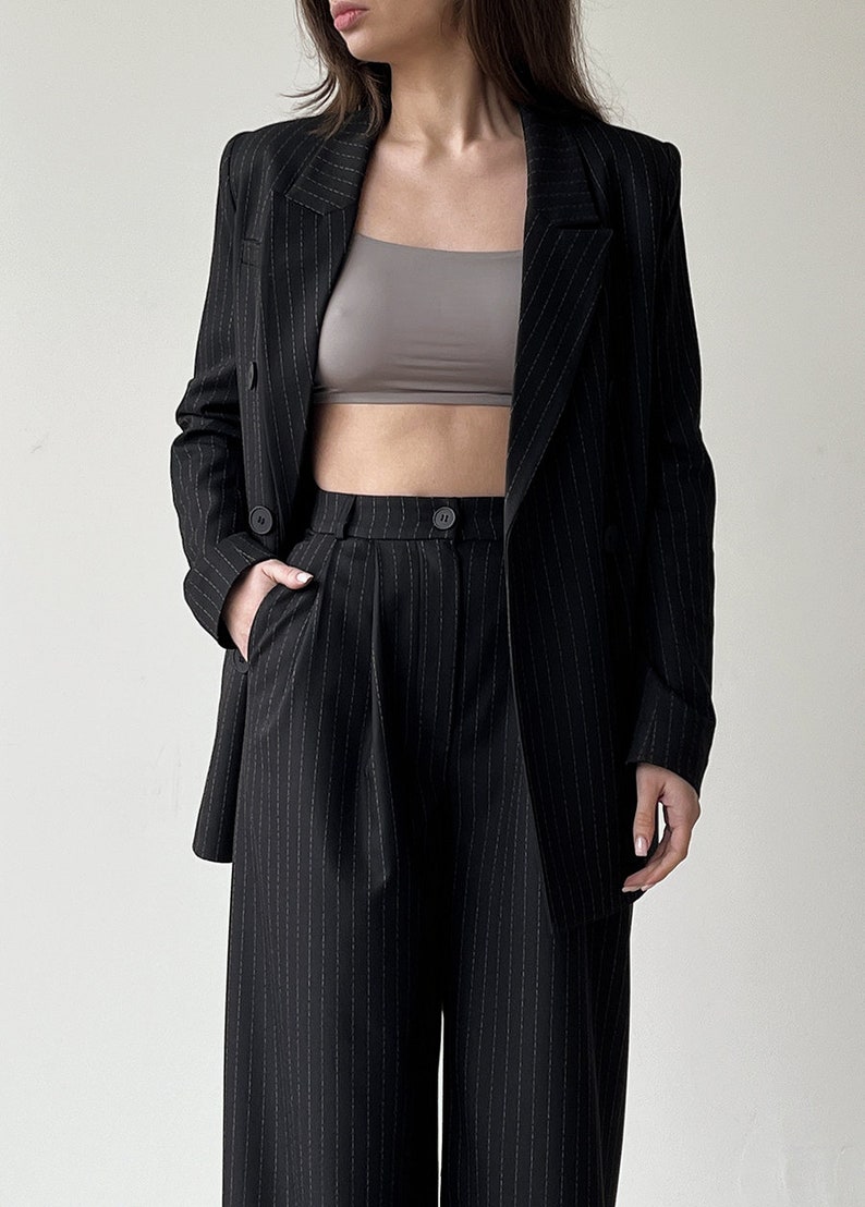 Palazzo pants and blazer, Black high waist wide leg pants, Womens trouser and jacket, Striped women suit image 3