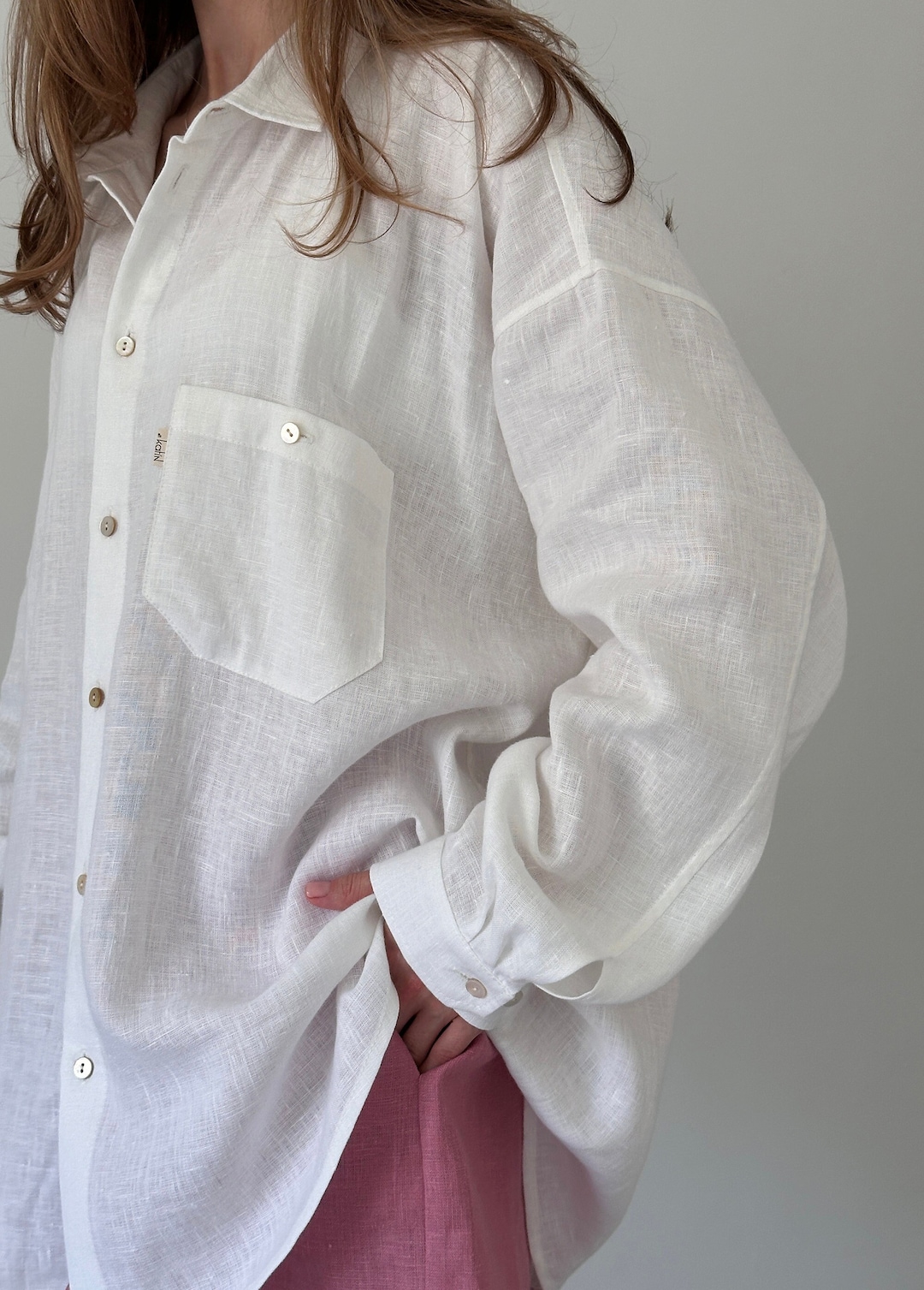 Oversized White Linen Shirt for Women, Oversized Button Down Long — free download