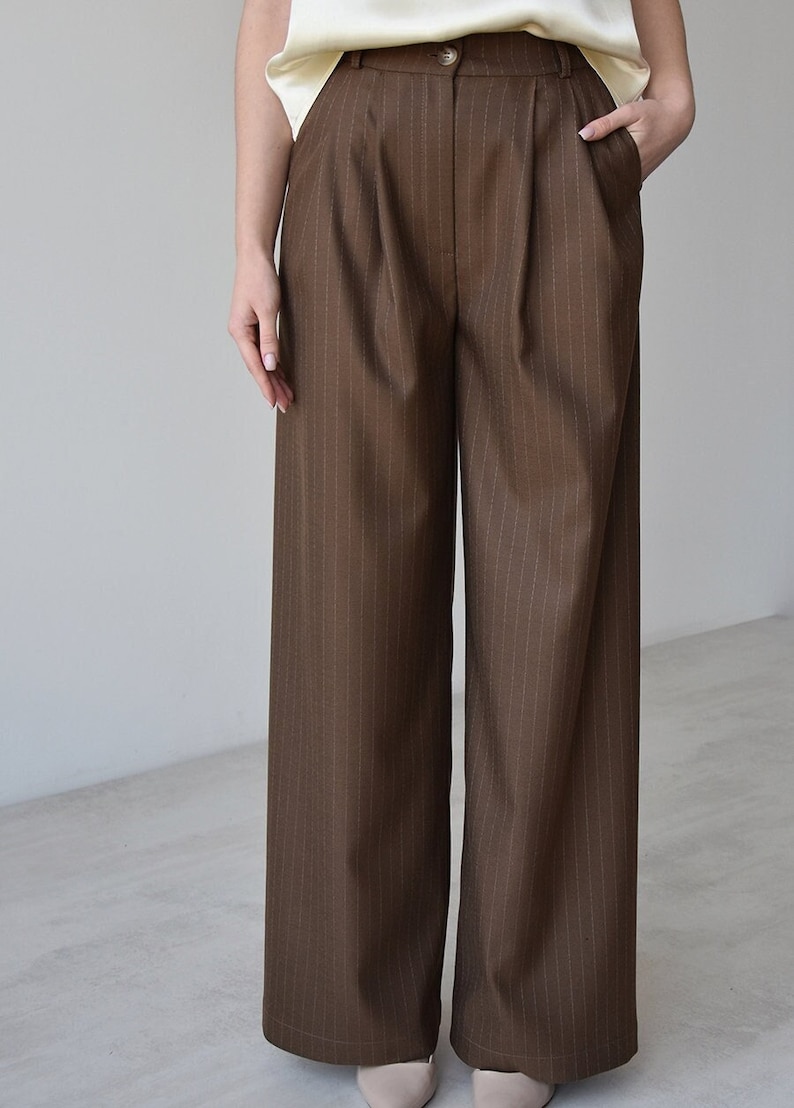 Palazzo pants and blazer, Brown high waist wide leg pants, Womens trouser and jacket, Striped women suit image 3