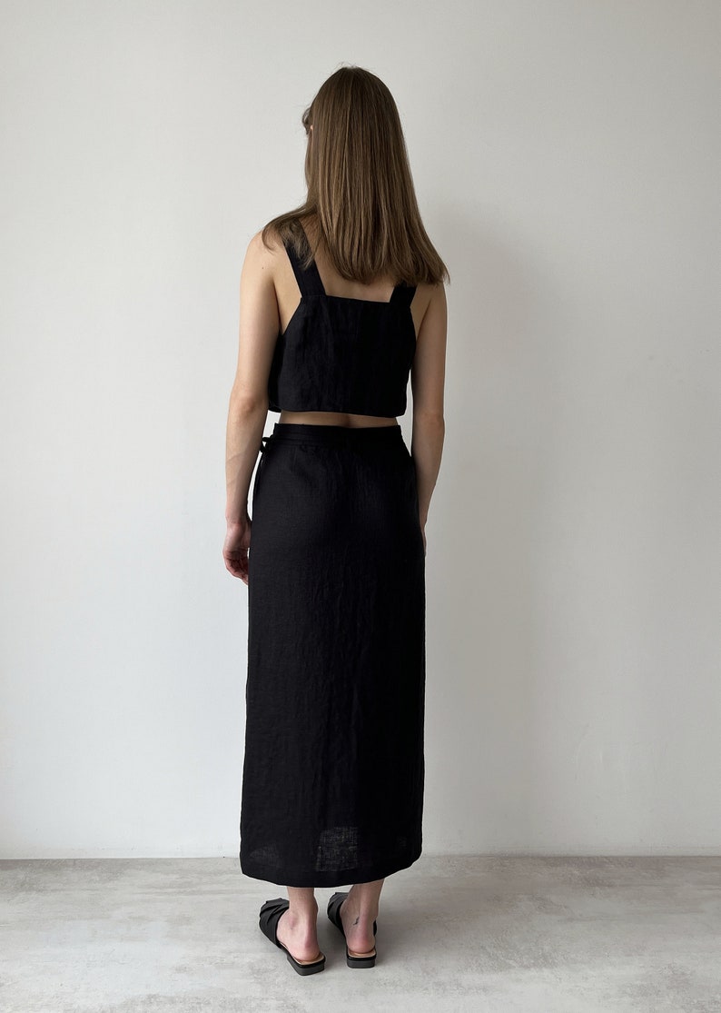 Leinen-Wickelrock und Leinen-Crop-Top, Schwarzer Leinenrock, Wickelrock für Frauen, Maxi-Wickelrock, Boho-Rock, Damen-Leinenanzug Bild 6