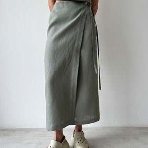 Linen wrap skirt for women, Green linen skirt with slit, High rise pencil skirt, Wrapped skirt, Long straight skirt, Midi belted skirt image 3