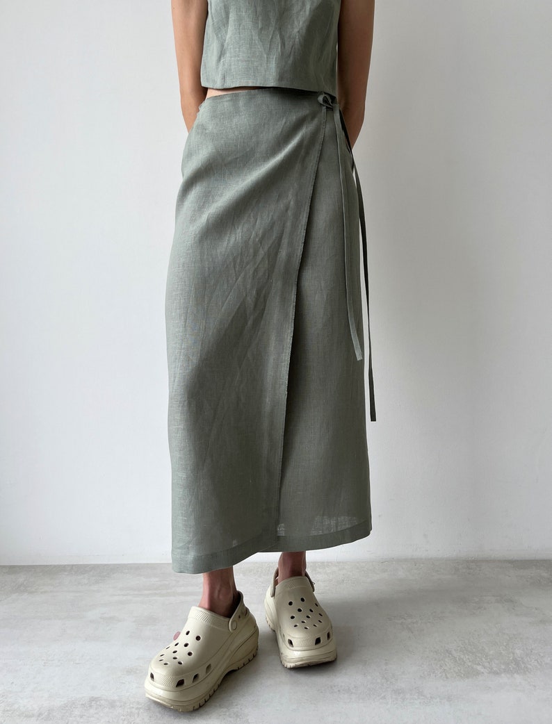 Linen wrap skirt for women, Green linen skirt with slit, High rise pencil skirt, Wrapped skirt, Long straight skirt, Midi belted skirt image 3