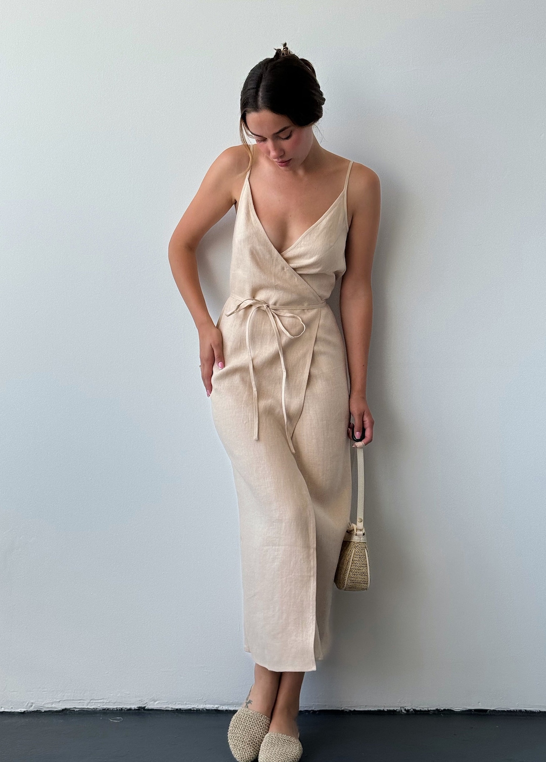 Linen Summer Wrap Dress, Beige Long Linen Dress, Maxi Linen Dress With ...