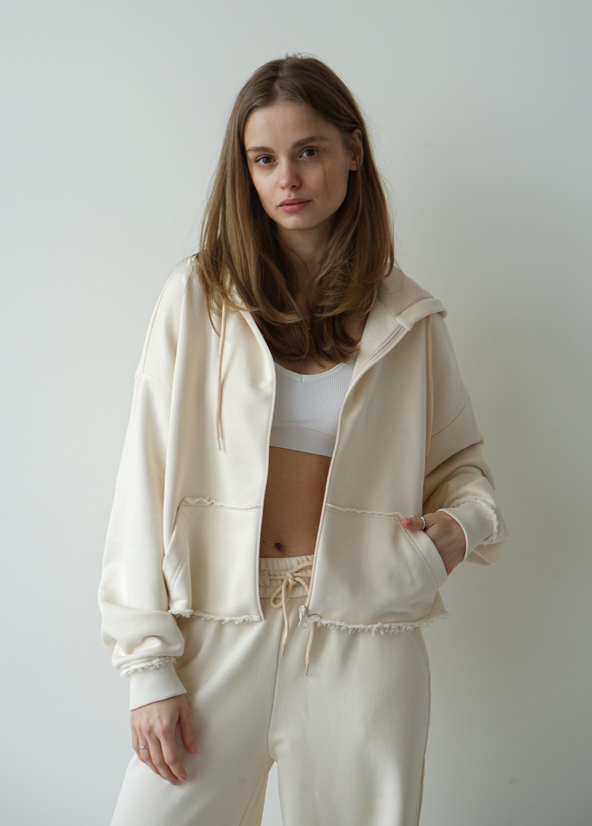 Cream Oversized Hoodie for Women, Zip Cropped Hoodie and Palazzo Pants ...