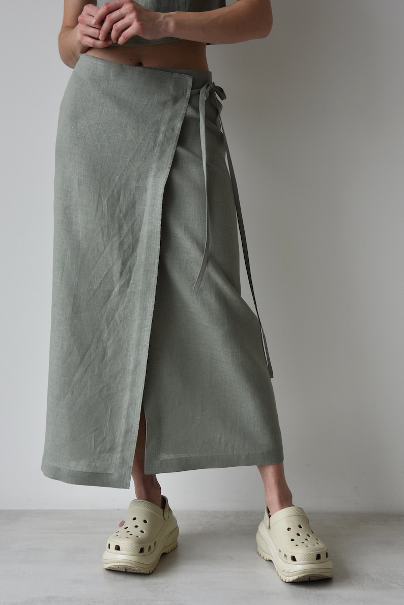 Linen wrap skirt for women, Green linen skirt with slit, High rise pencil skirt, Wrapped skirt, Long straight skirt, Midi belted skirt image 1