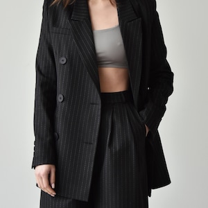 Palazzo pants and blazer, Black high waist wide leg pants, Womens trouser and jacket, Striped women suit image 8