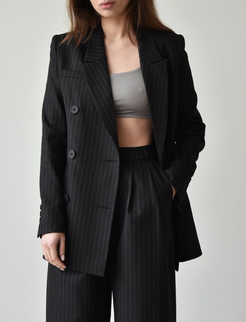 Palazzo pants and blazer, Black high waist wide leg pants, Womens trouser and jacket, Striped women suit image 8