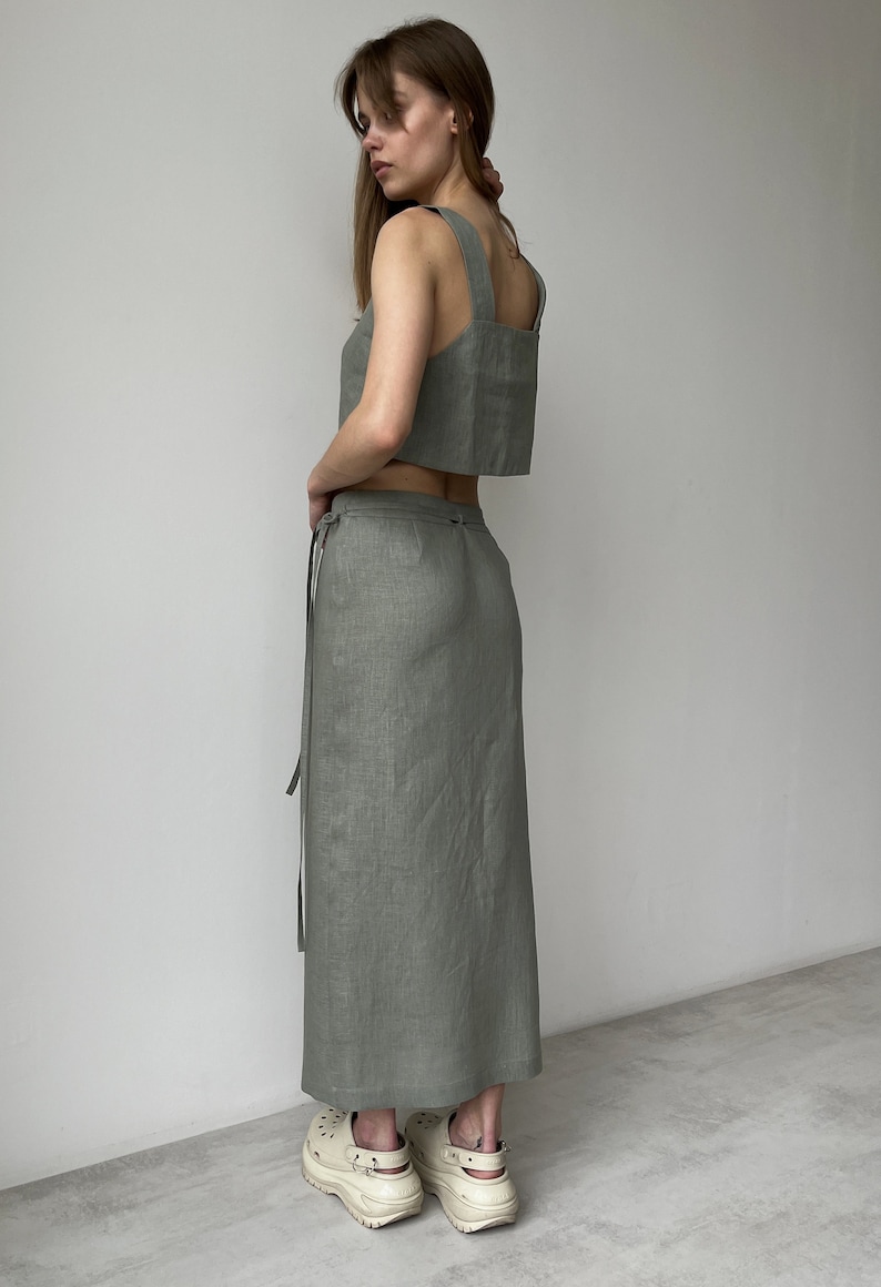 Linen wrap skirt for women, Green linen skirt with slit, High rise pencil skirt, Wrapped skirt, Long straight skirt, Midi belted skirt image 5