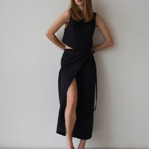 Linen Wrap Skirt and linen crop top, Black Linen Skirt, Wrap Skirt for Women, Maxi Wrap Skirt, Boho Skirt, Womens linen suit image 8