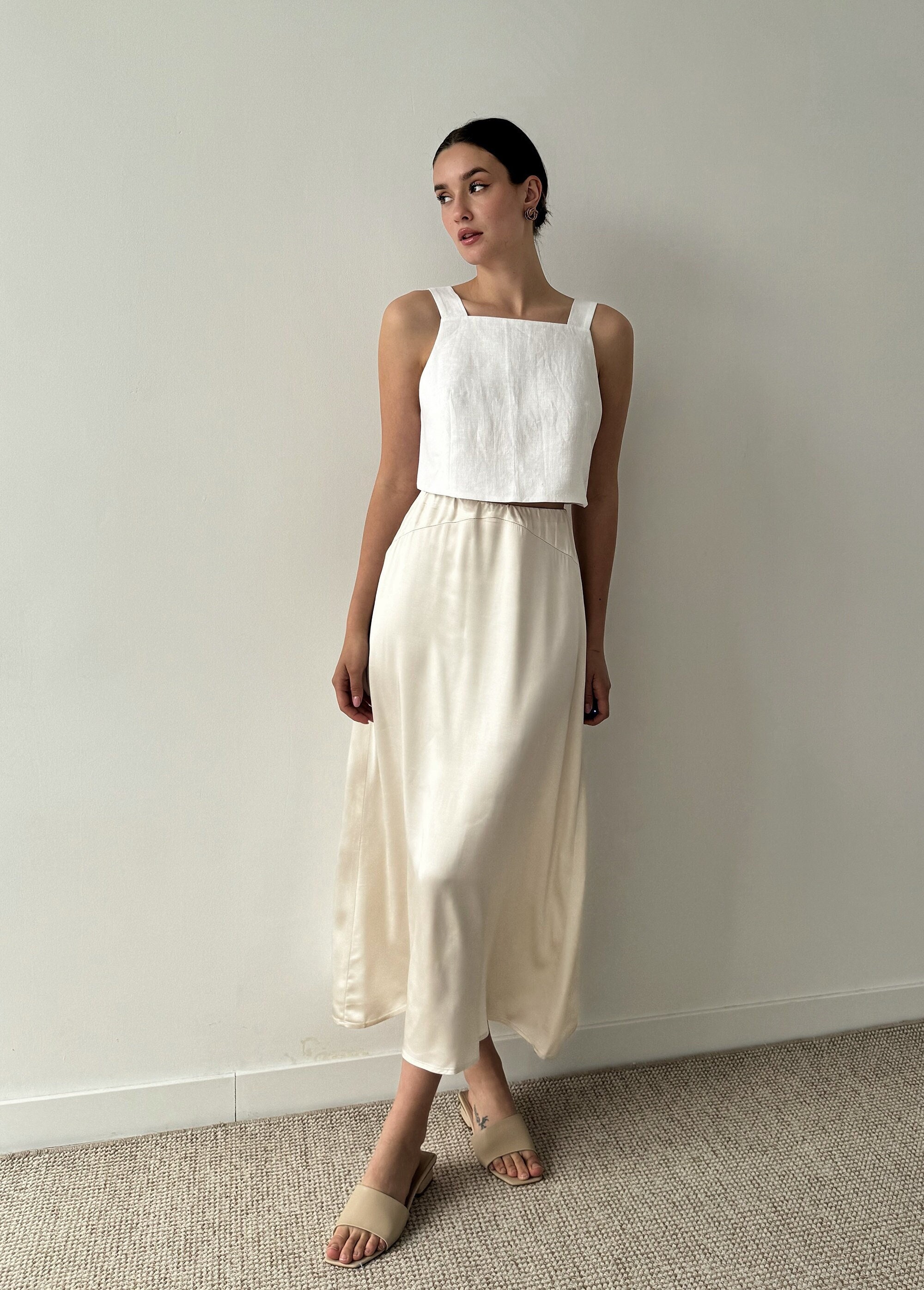 Ivory maxi skirt Silky skirt for women Slip bias cut skirt White viscose long skirt A line skirt