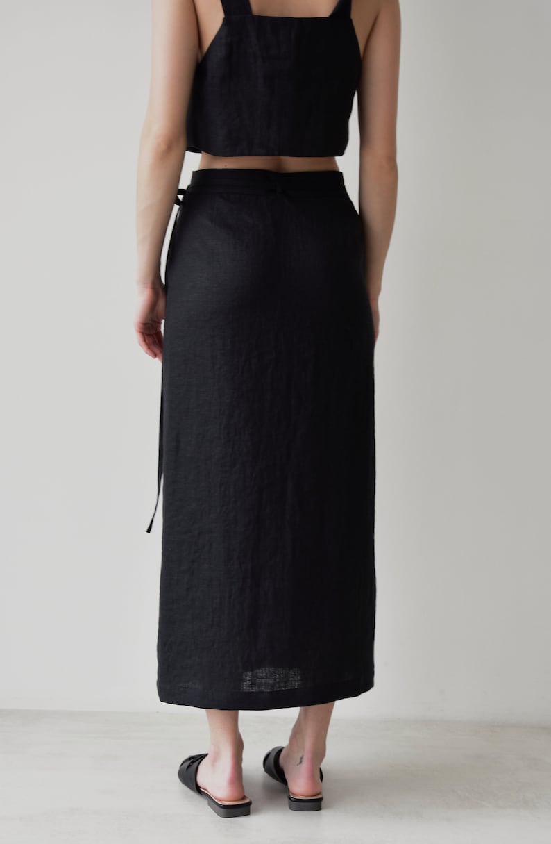 Leinen-Wickelrock und Leinen-Crop-Top, Schwarzer Leinenrock, Wickelrock für Frauen, Maxi-Wickelrock, Boho-Rock, Damen-Leinenanzug Bild 9