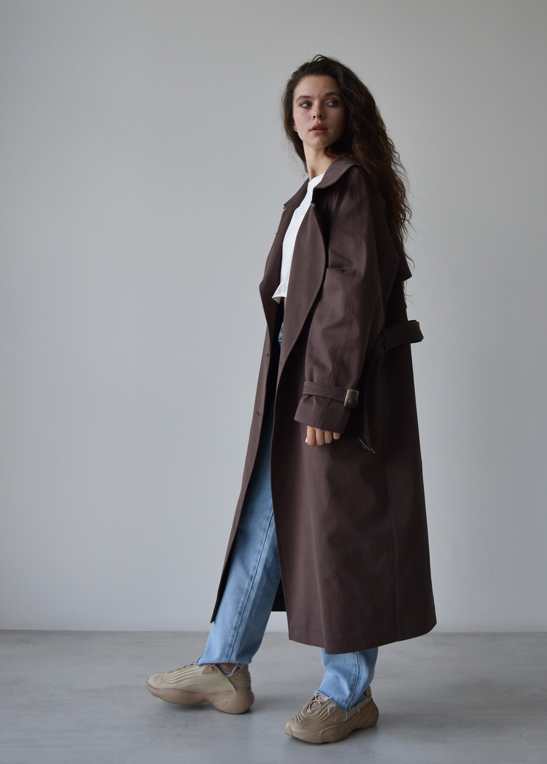Taupe Trench Coat for Women, Double Breasted Oversize Trench Coat for