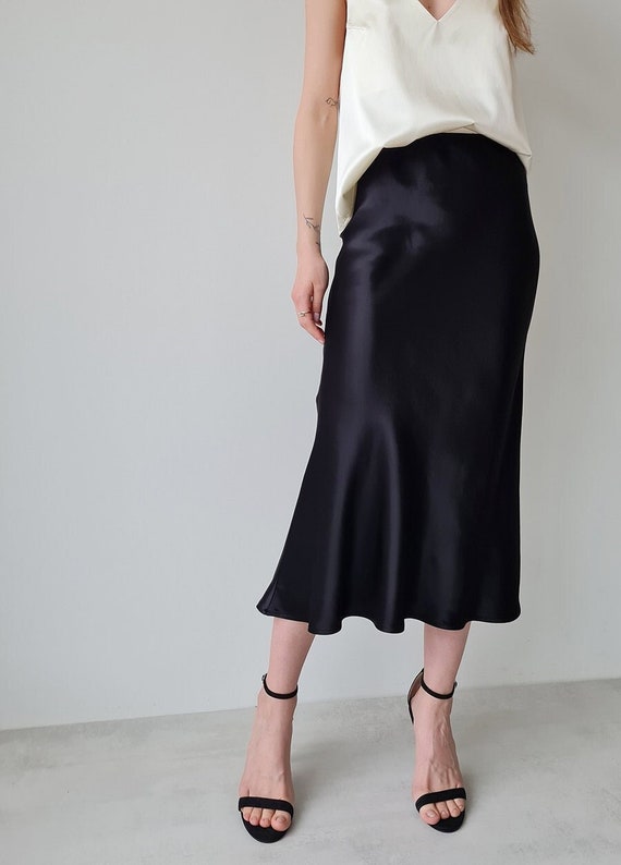 Black Slip Skirt Silky Midi Skirt Bias Cut Skirt A-line - Etsy