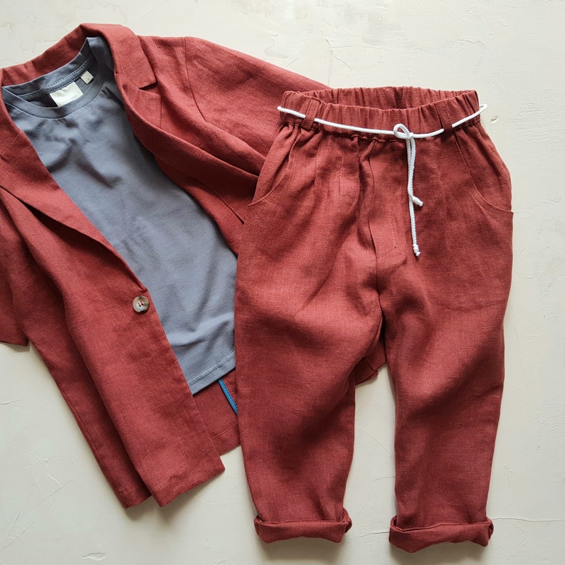 Kids linen pants for boy and girl, Linen trousers for children, Terracotta linen pants for toddler, Linen clothes for kids, Unisex pants image 2