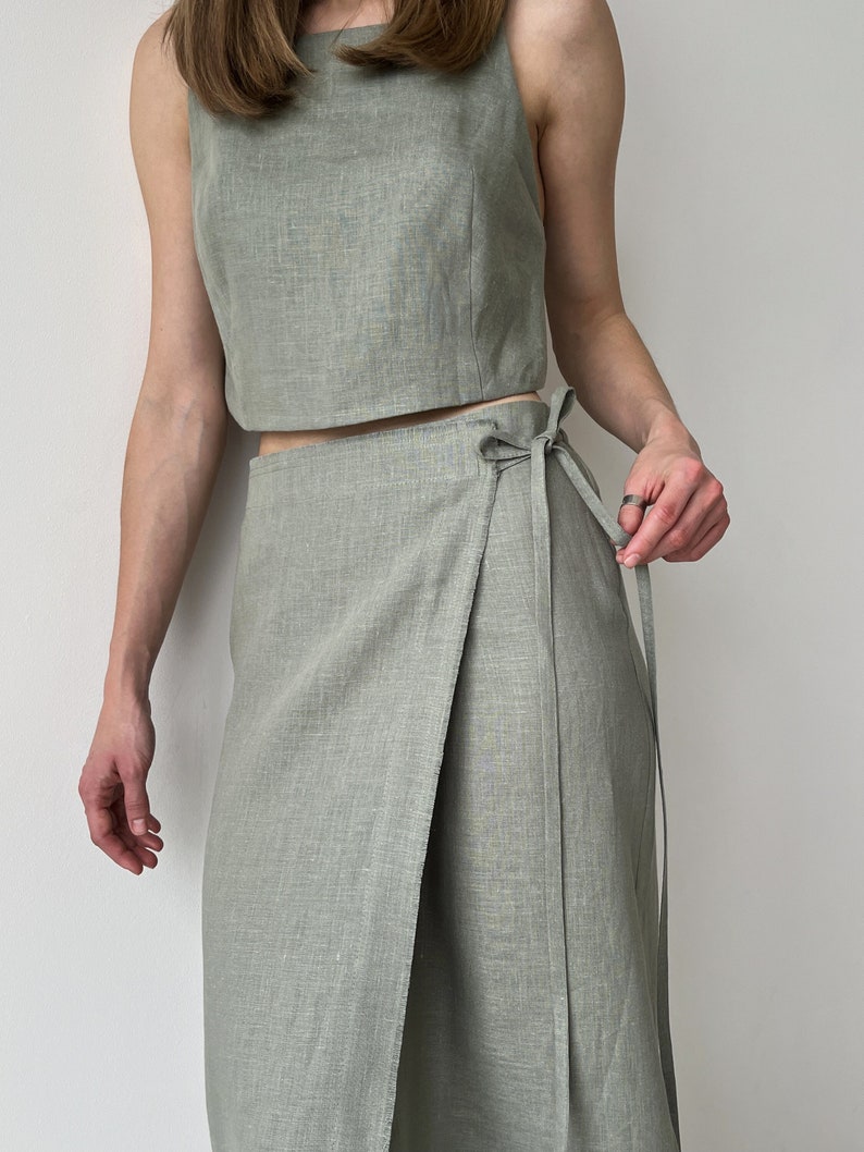 Linen wrap skirt for women, Green linen skirt with slit, High rise pencil skirt, Wrapped skirt, Long straight skirt, Midi belted skirt image 1