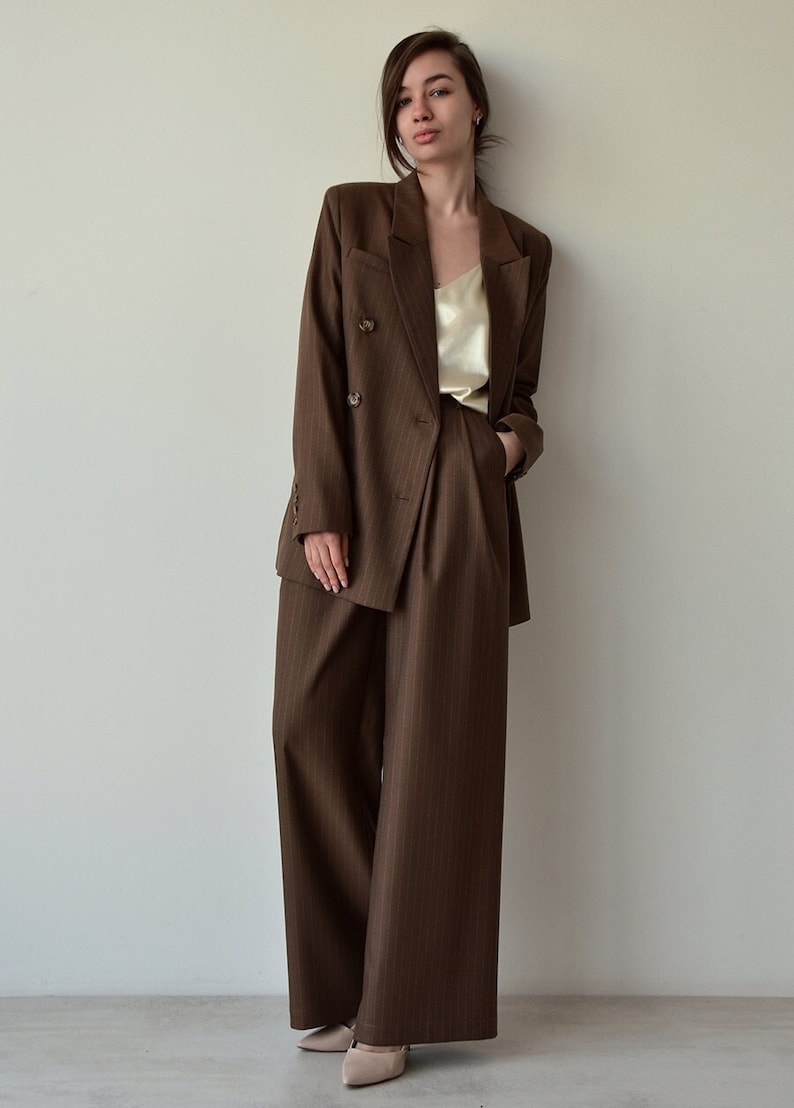 Palazzo pants and blazer, Brown high waist wide leg pants, Womens trouser and jacket, Striped women suit image 4