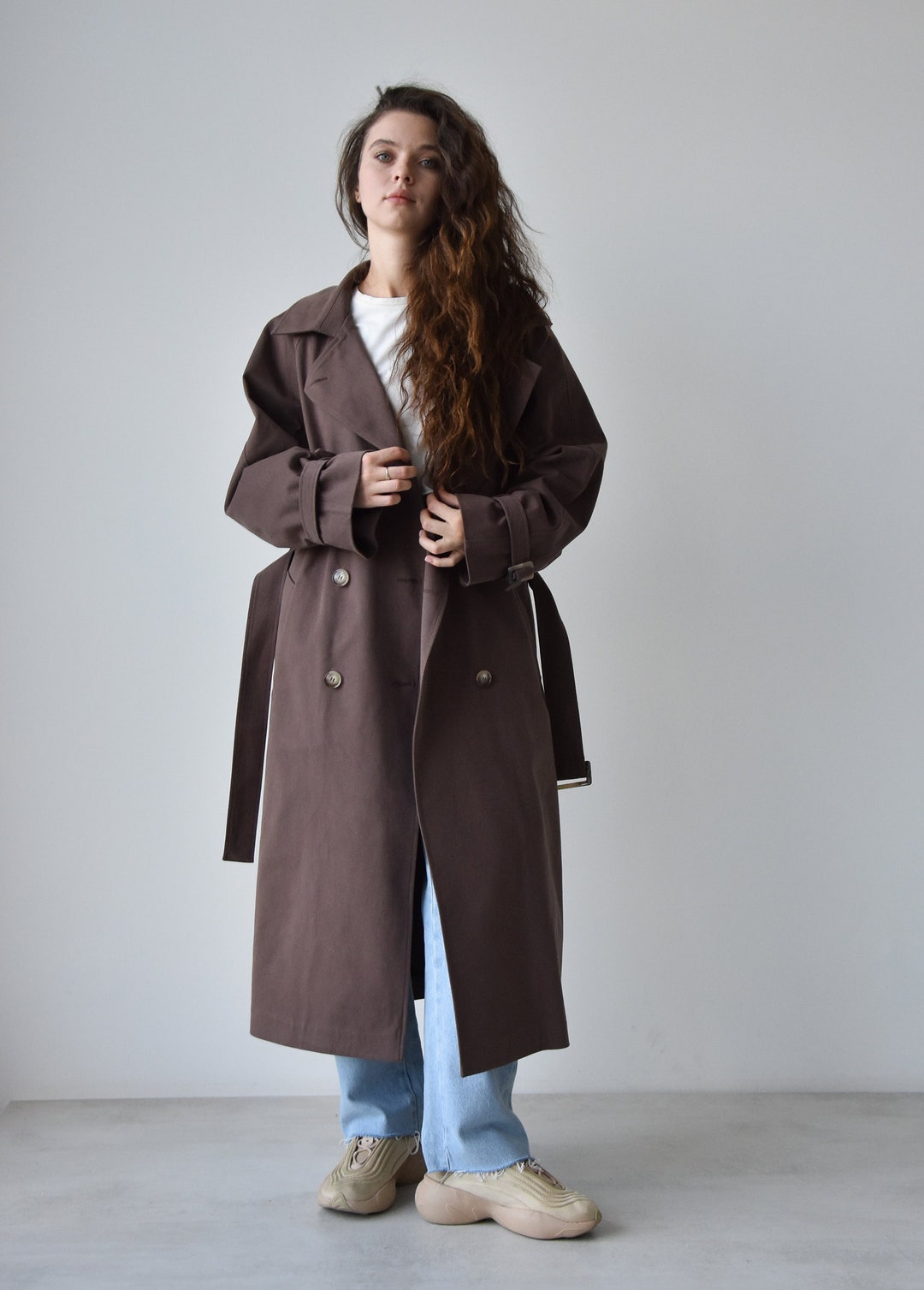 Taupe Trench Coat for Women, Double Breasted Oversize Trench Coat for