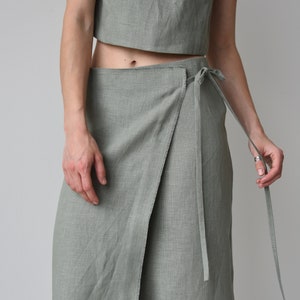 Linen wrap skirt for women, Green linen skirt with slit, High rise pencil skirt, Wrapped skirt, Long straight skirt, Midi belted skirt image 8