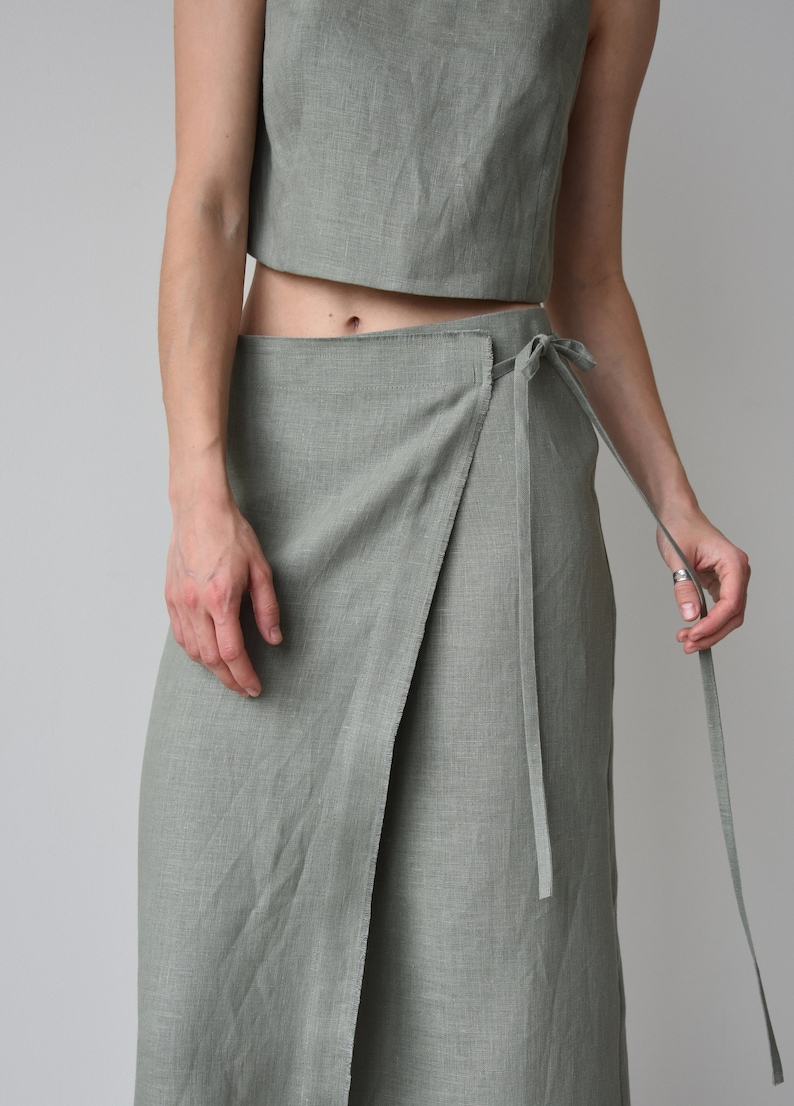 Linen wrap skirt for women, Green linen skirt with slit, High rise pencil skirt, Wrapped skirt, Long straight skirt, Midi belted skirt image 8