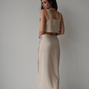 Linen wrap skirt for women, Beige linen skirt with slit, High rise pencil skirt, Wrapped skirt, Long straight skirt, Midi belted skirt image 3