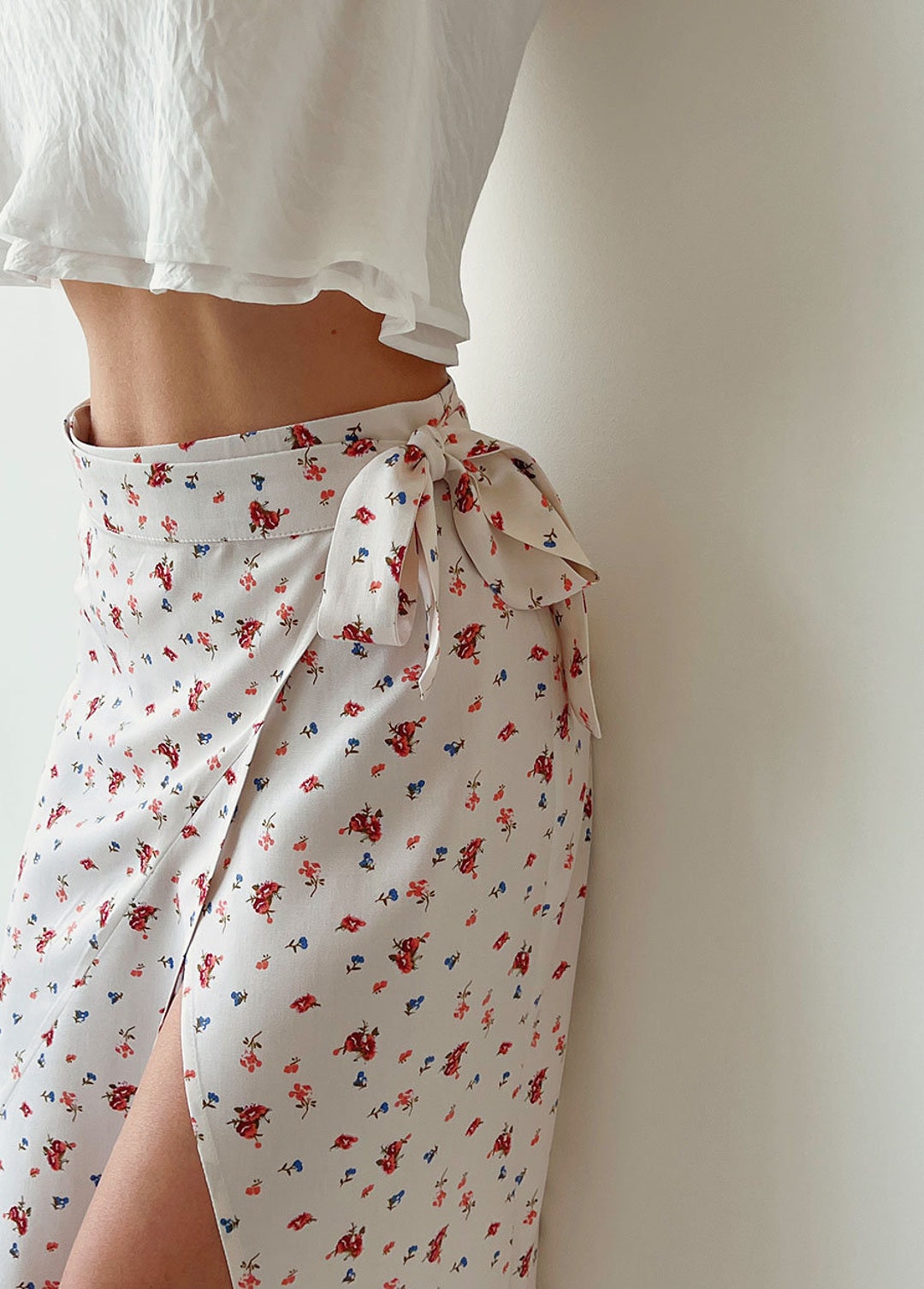High Rise Skirt Wrap Skirt Red and White Floral Print Skirt Etsy