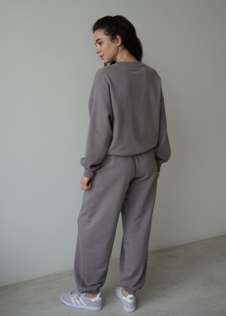 Oversized custom sweatshirt and sweatpants gray set, oversized jogger and longsleev suit, cozy casual suit image 8