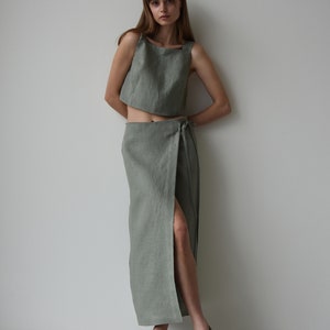 Linen wrap skirt for women, Green linen skirt with slit, High rise pencil skirt, Wrapped skirt, Long straight skirt, Midi belted skirt image 2