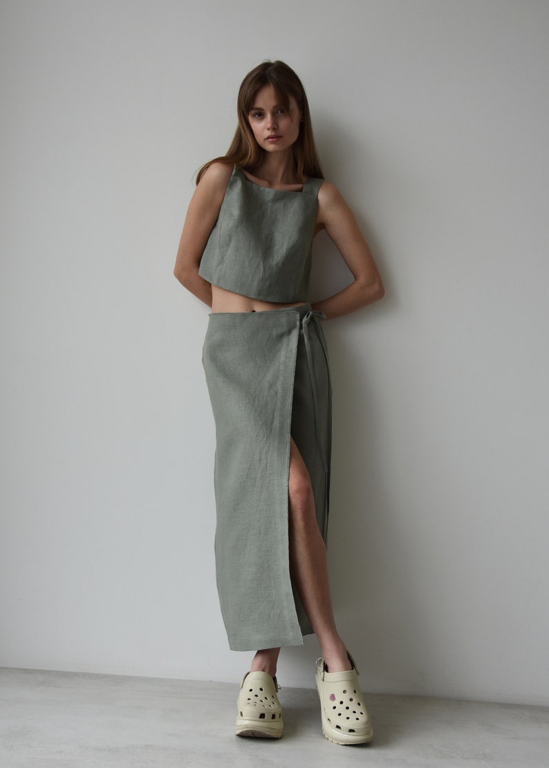 Linen wrap skirt for women, Green linen skirt with slit, High rise pencil skirt, Wrapped skirt, Long straight skirt, Midi belted skirt image 2
