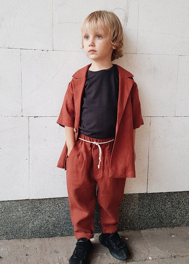 Kids linen pants for boy and girl, Linen trousers for children, Terracotta linen pants for toddler, Linen clothes for kids, Unisex pants image 1