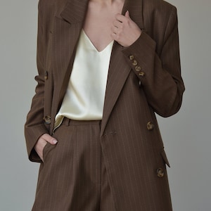 Palazzo pants and blazer, Brown high waist wide leg pants, Womens trouser and jacket, Striped women suit image 5