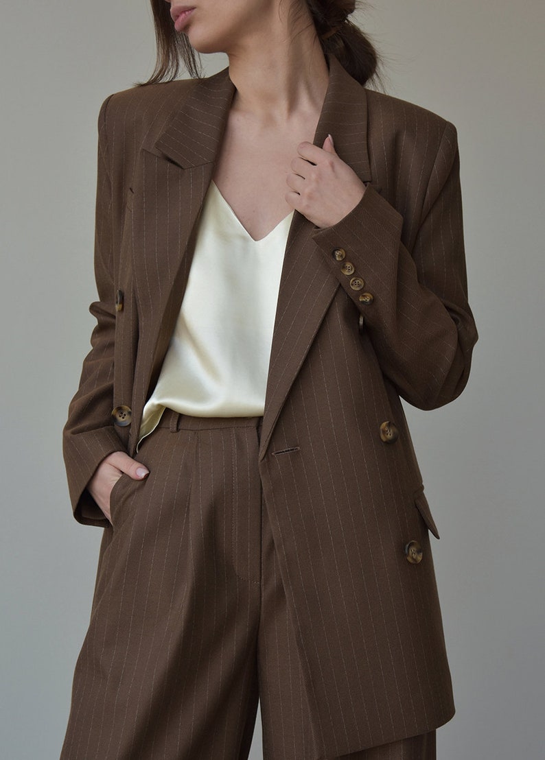 Palazzo pants and blazer, Brown high waist wide leg pants, Womens trouser and jacket, Striped women suit image 5