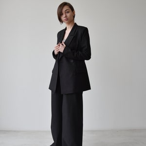 Palazzo pants and blazer, Black high waist wide leg pants, Womens trouser and jacket, Striped women suit image 10