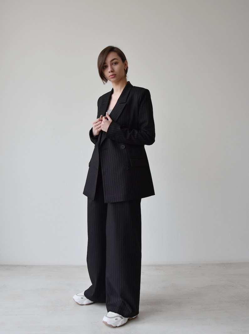 Palazzo pants and blazer, Black high waist wide leg pants, Womens trouser and jacket, Striped women suit image 10