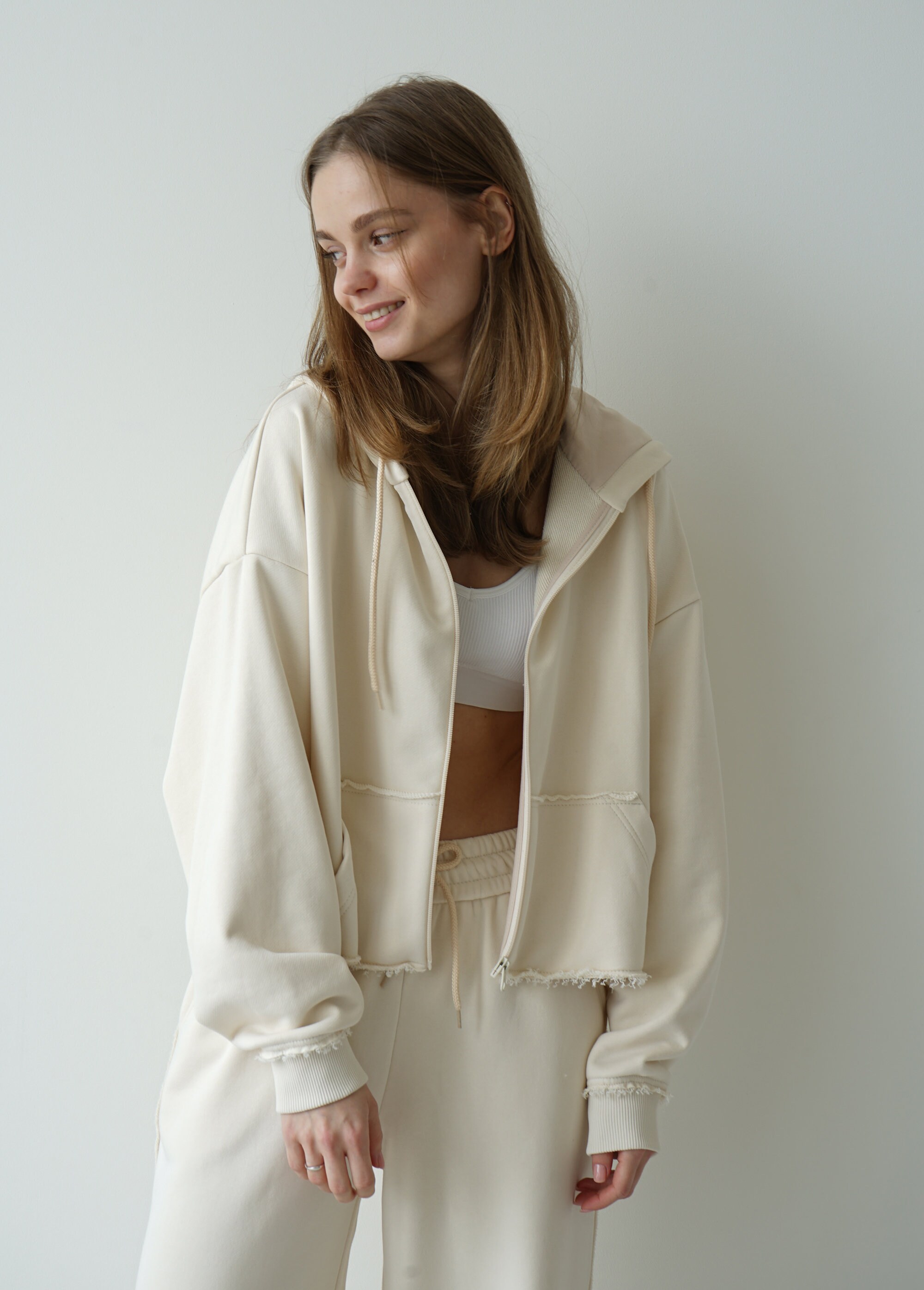 Cream Oversized Hoodie for Women, Zip Cropped Hoodie and Palazzo Pants ...