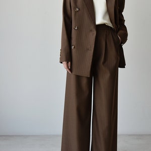 Palazzo pants and blazer, Brown high waist wide leg pants, Womens trouser and jacket, Striped women suit image 6