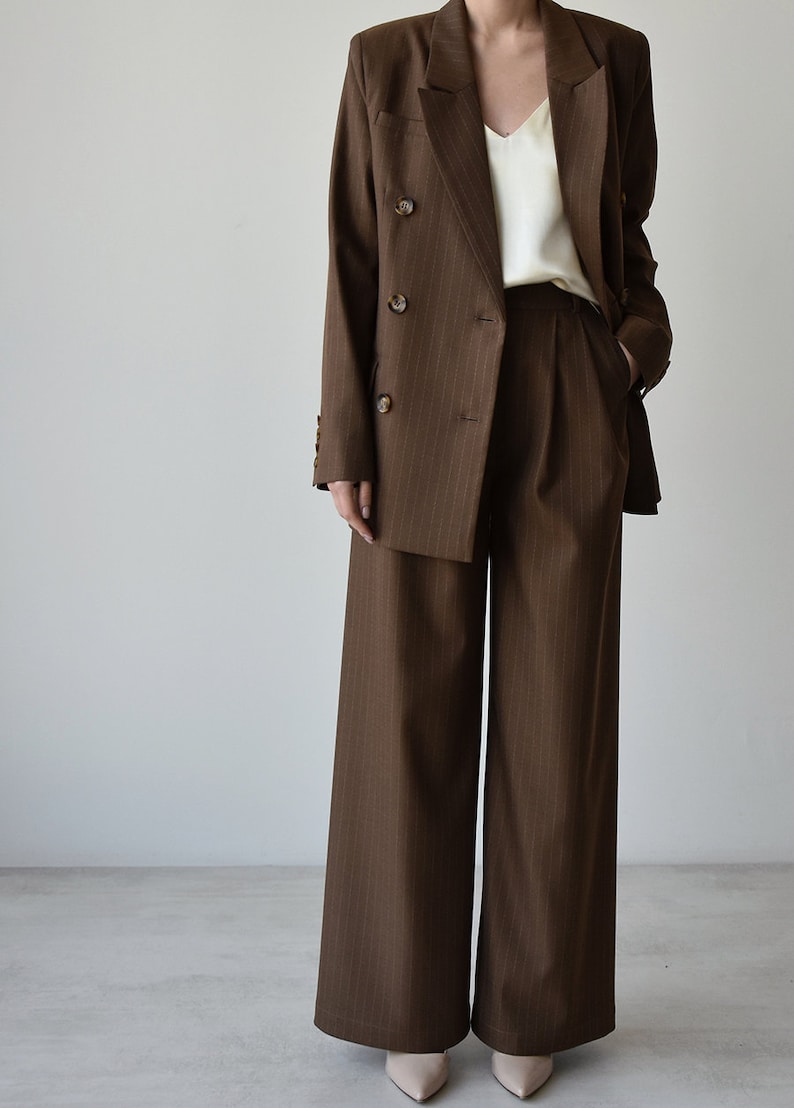 Palazzo pants and blazer, Brown high waist wide leg pants, Womens trouser and jacket, Striped women suit image 6