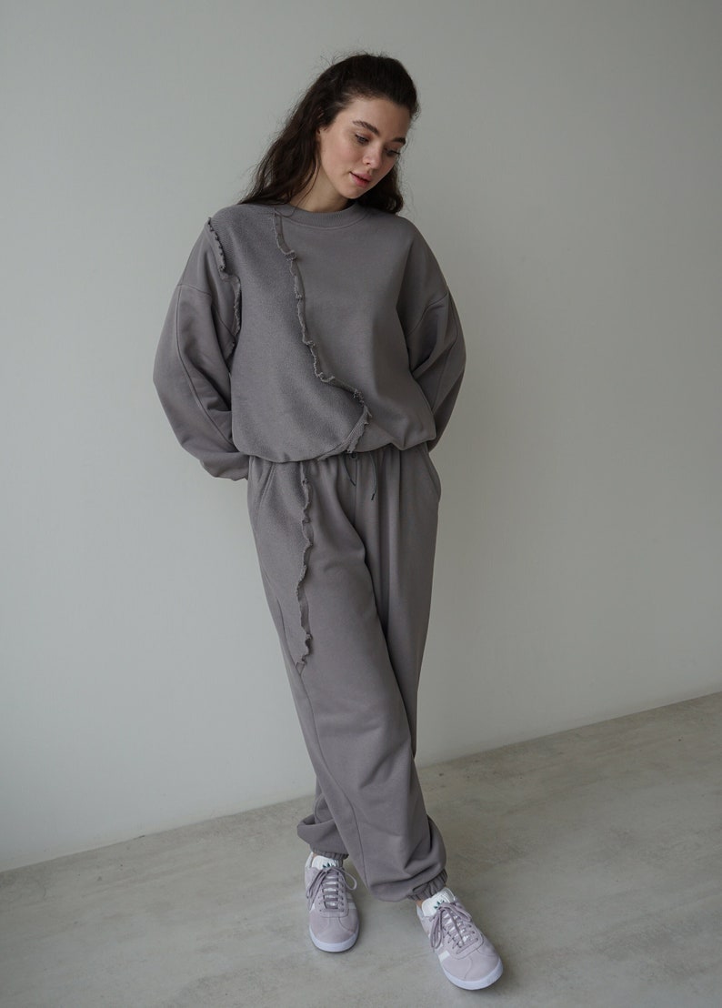 Oversized custom sweatshirt and sweatpants gray set, oversized jogger and longsleev suit, cozy casual suit image 1