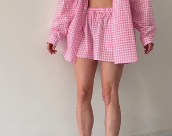 Oversized cotton set, Pink long sleeve shirt and crop shorts, Casual loose plus size shirt and shorts, beach womens suit, summer shorts