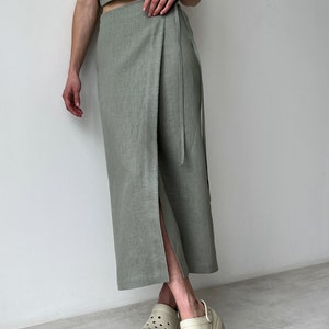 Linen wrap skirt for women, Green linen skirt with slit, High rise pencil skirt, Wrapped skirt, Long straight skirt, Midi belted skirt image 4